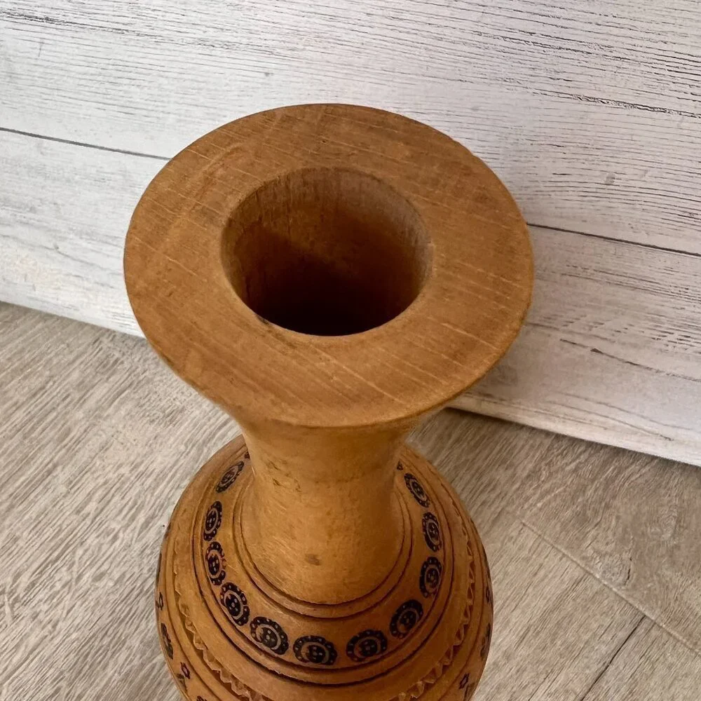 Wood Vase Whimsical Stamp Pattern Primitive Farmhouse Rustic Decor